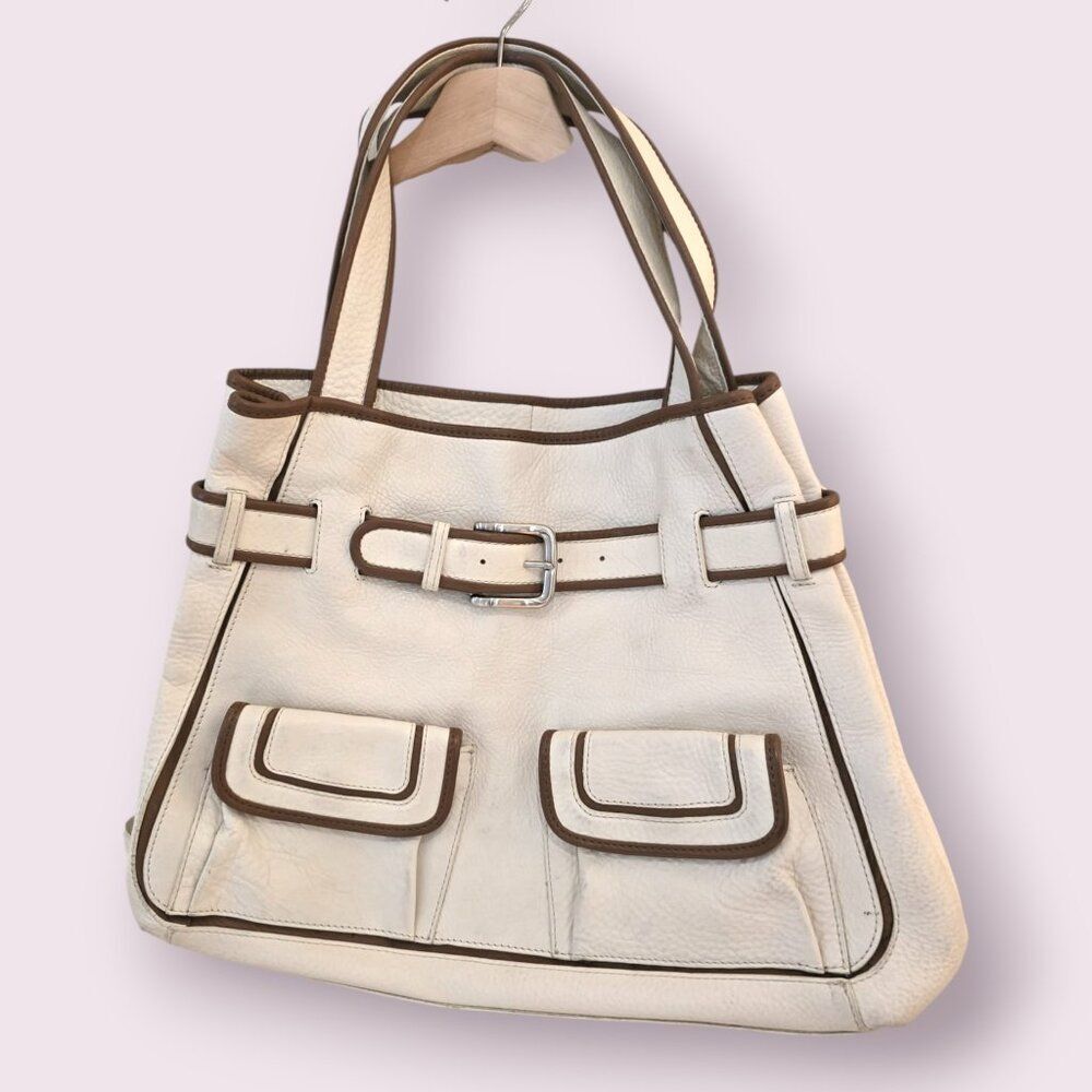 Cole Haan Leather Tote Bag Cream & Tan Trim